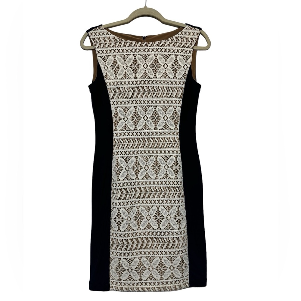 Anne Klein Navy Blue Nude White Lace Sleeveless Pencil Dress Women’s Size 2